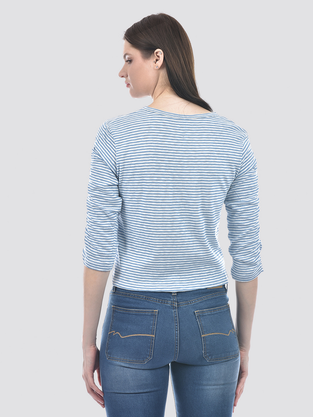 Numero Uno Women Blue & White Striped Henley T-Shirt